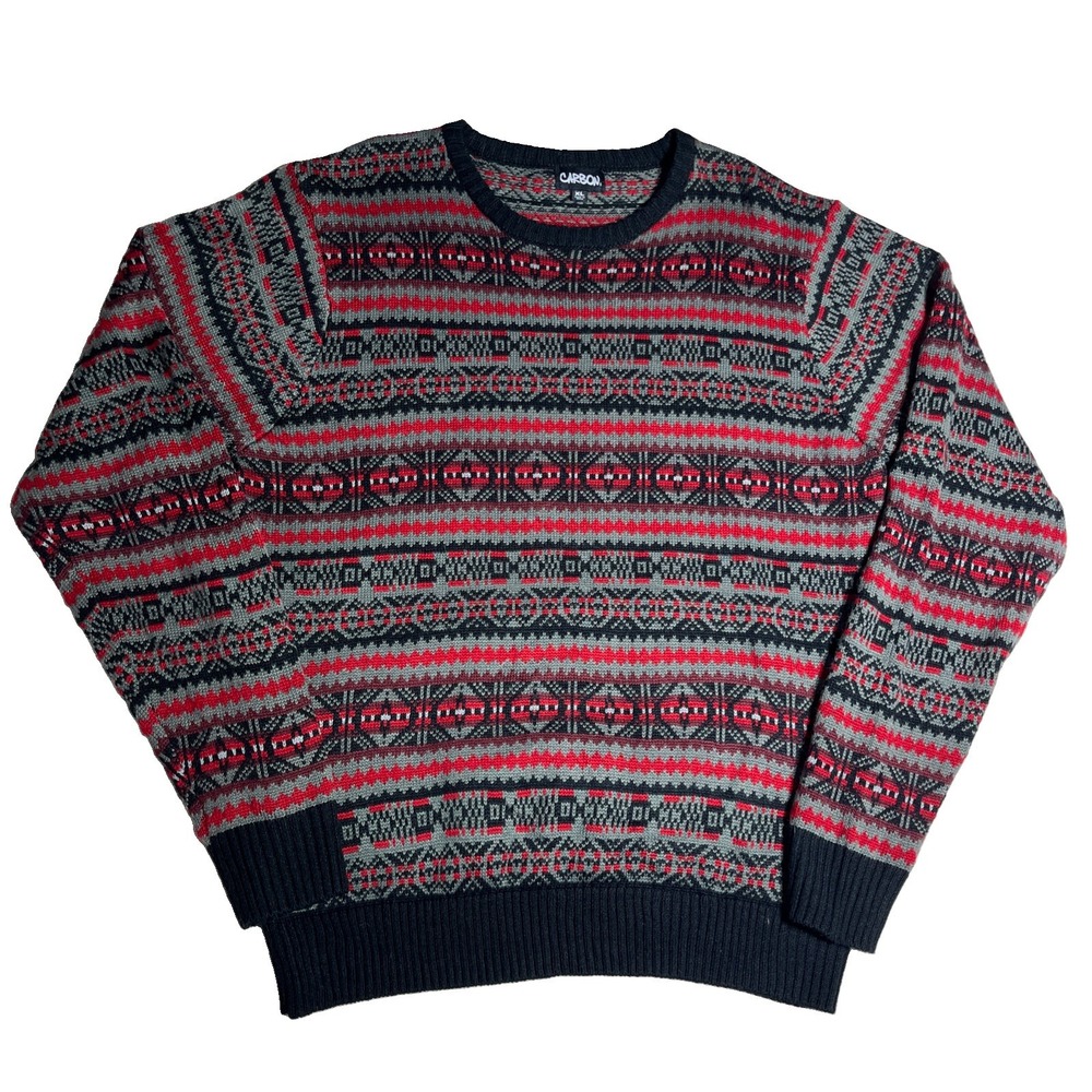 Carbon Men's XL Multi Color Striped Pullover Sweater Crew Neck Black Red Gray